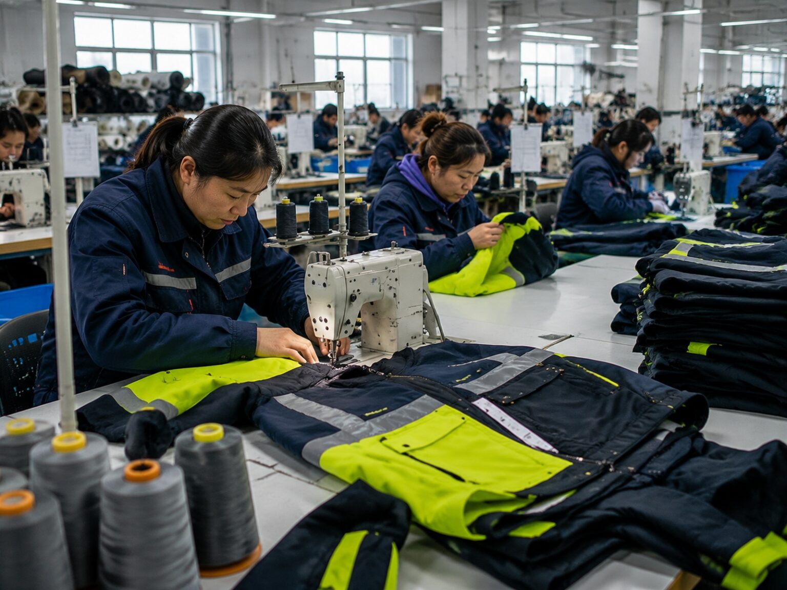 Functional apparel manufacturing production line with skilled workers assembling technical workwear garments