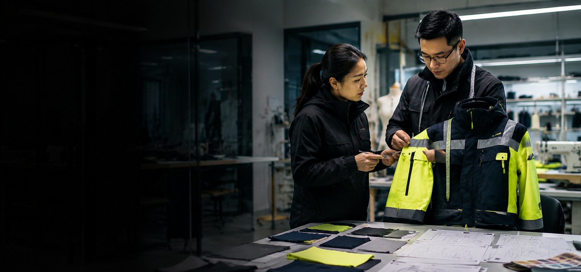Varytex engineers reviewing functional workwear design during OEM ODM apparel development process