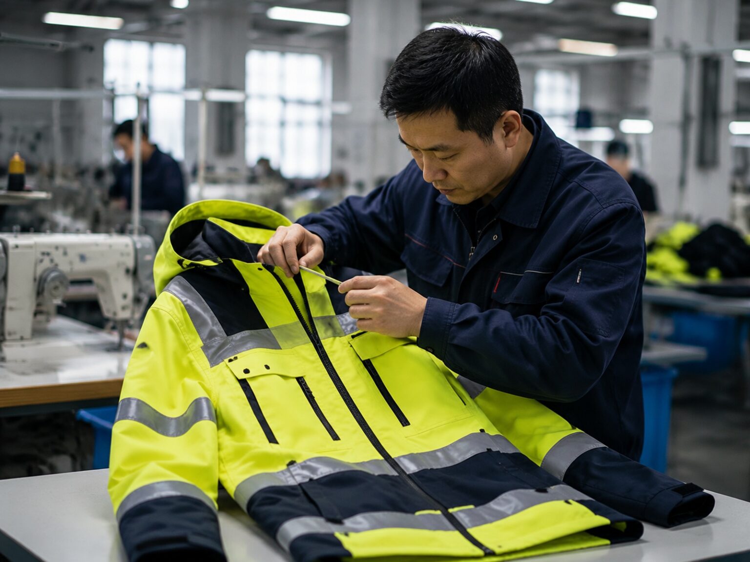 Varytex technician inspecting a functional workwear jacket during apparel manufacturing process