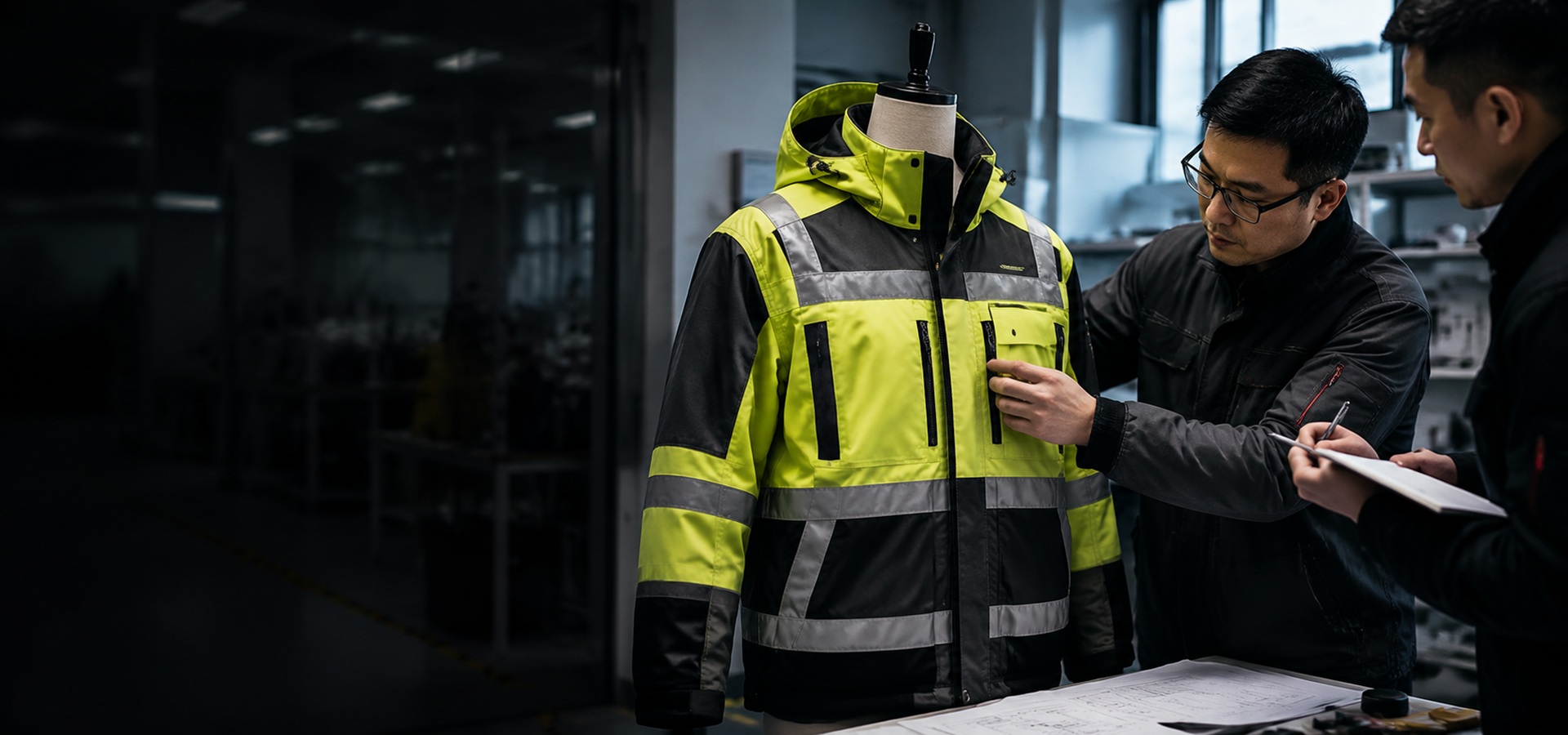 Varytex engineers reviewing a functional workwear jacket during OEM apparel product development