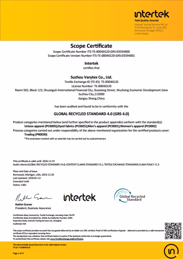 GRS scope certificate for Varytex recycled textile and apparel programs