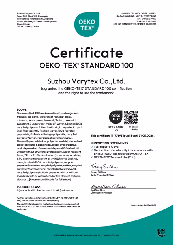 Varytex OEKO-TEX STANDARD 100 certificate for recycled material scope