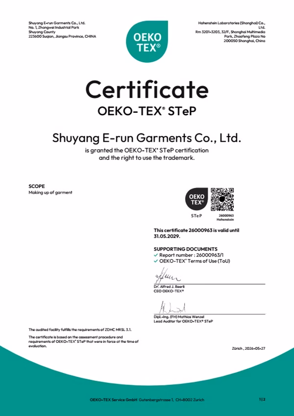 OEKO-TEX STeP certificate supporting responsible garment production