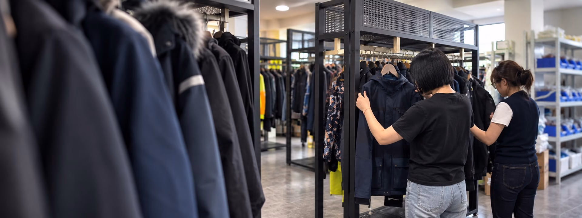 Varytex team handling functional apparel samples in the internal sample room