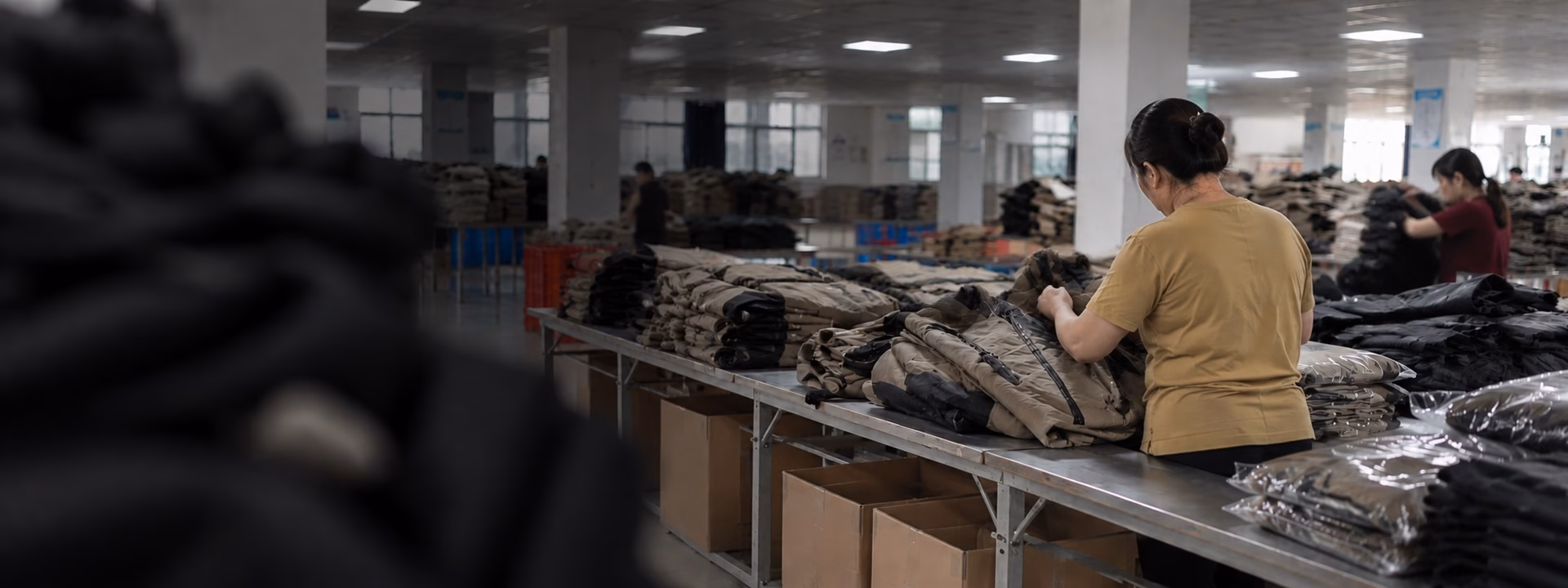 Workers inspecting and organizing functional apparel before packing at Varytex