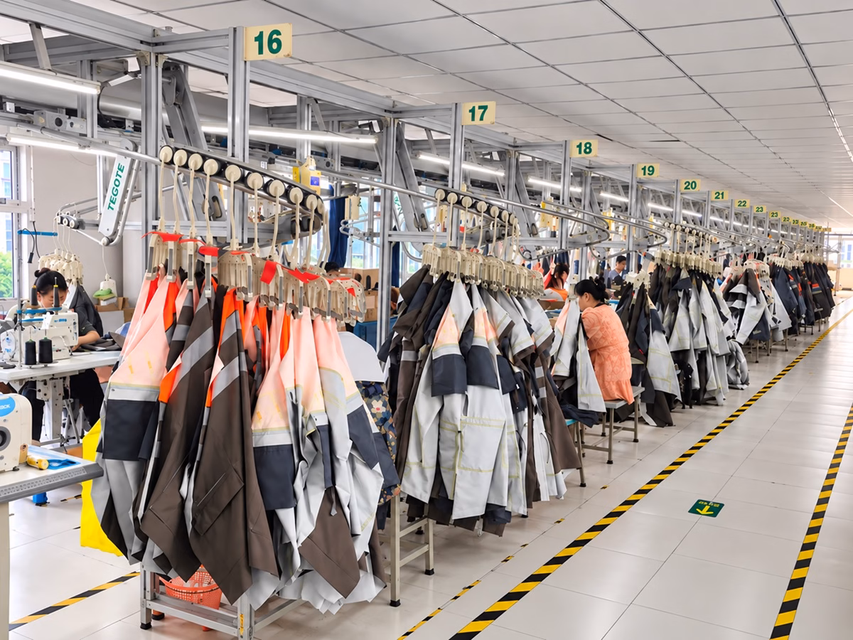 Varytex functional apparel manufacturing facility with organized garment production lines