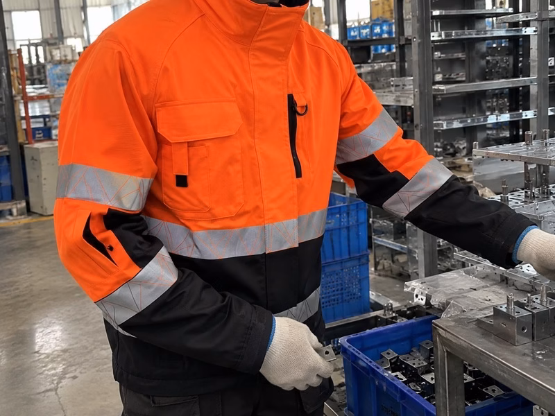 High-visibility industrial workwear worn in a workshop environment