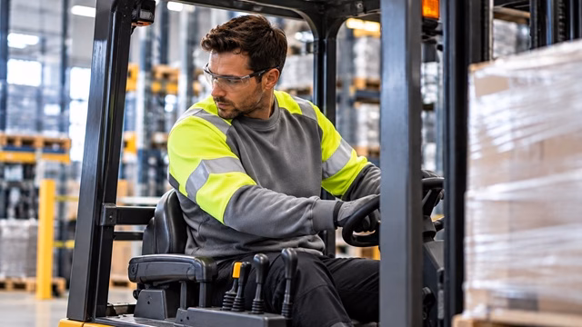 High-visibility workwear sweatshirt worn in an industrial warehouse