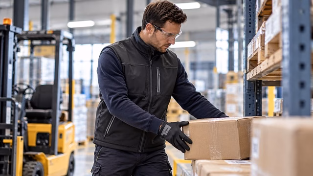 Functional workwear vest worn in an industrial warehouse